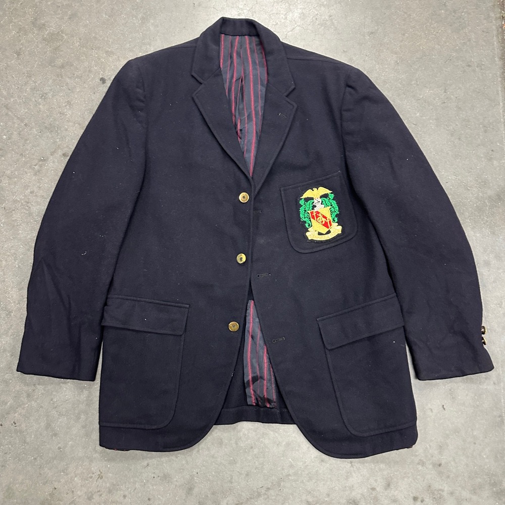 Vintage 60s Penneys Navy Blue Wool Crest Blazer Jacket Mens VDR Preppy Academic